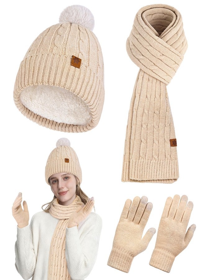 Horolam Winter Hat Scarf Gloves Set, Warm Knit Beanie Hat with Pom Pom Touch Screen Gloves for Women for Christmas Cold Weather Gifts - Image 1